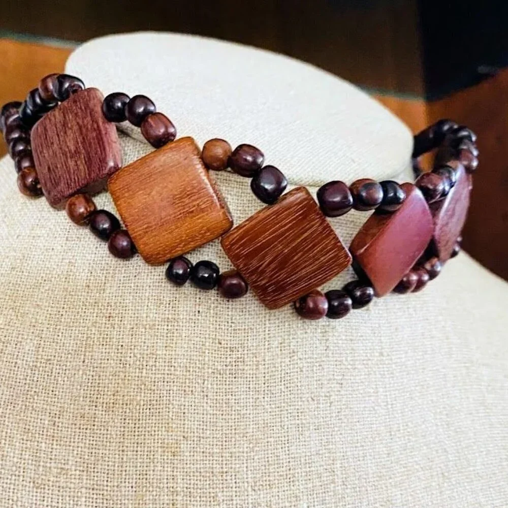 Vintage Handmade Wooden Beaded Choker Necklace With Adjustable Leather Cord